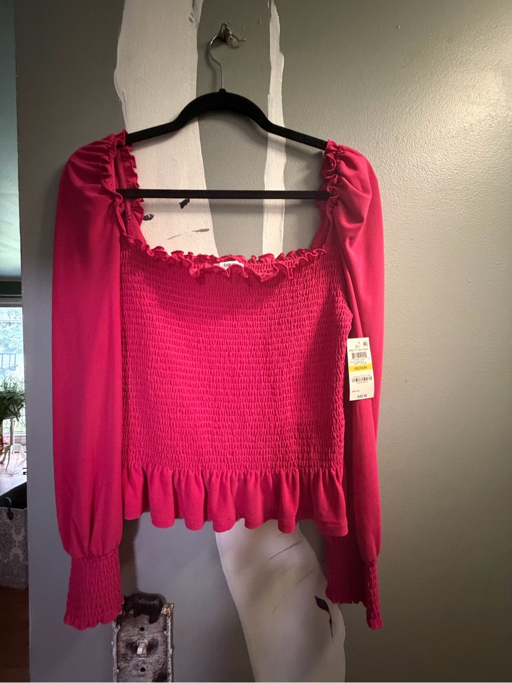 Bar III Smocked Long-Sleeve Square Neck Top in Hot Pink